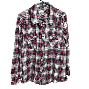 Forever 21 Plaid Flannel Shirt Women 1X Red White Blue Studded Spike Grunge Top